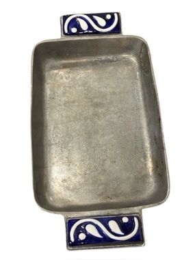 VTG Pewter Food Safe Tray W/Blue and White Swirled Glass/ Ceramic Handles Unique